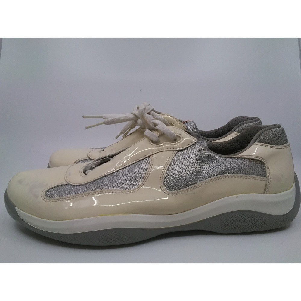 Prada Americas Cup Sneakers Mens 10 Cream Patent Leather Silver Mesh PS 0906